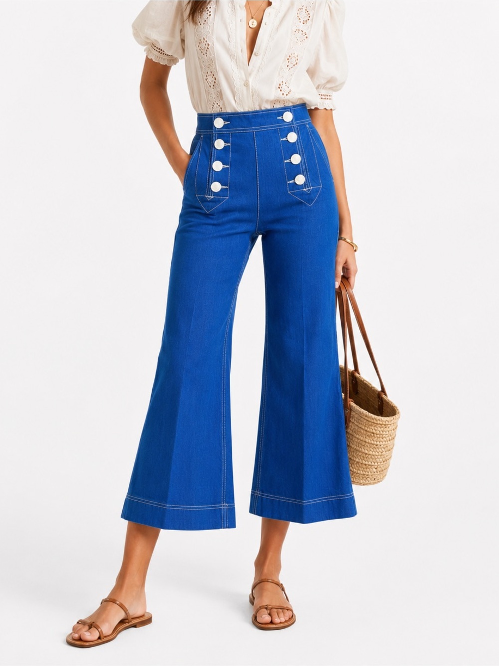 Zimmermann NWT High Tide Sailor Blue Jeans Kick-Flare Crop 25 Regatta